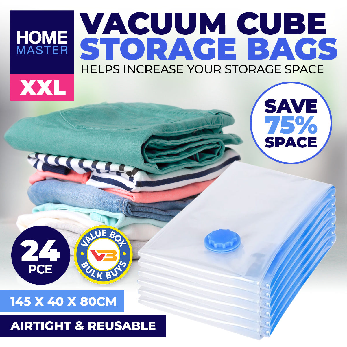 Home Master 24PCE Vacuum Storage Bags XXL Re-Usable Space Saver 80 x 145cm