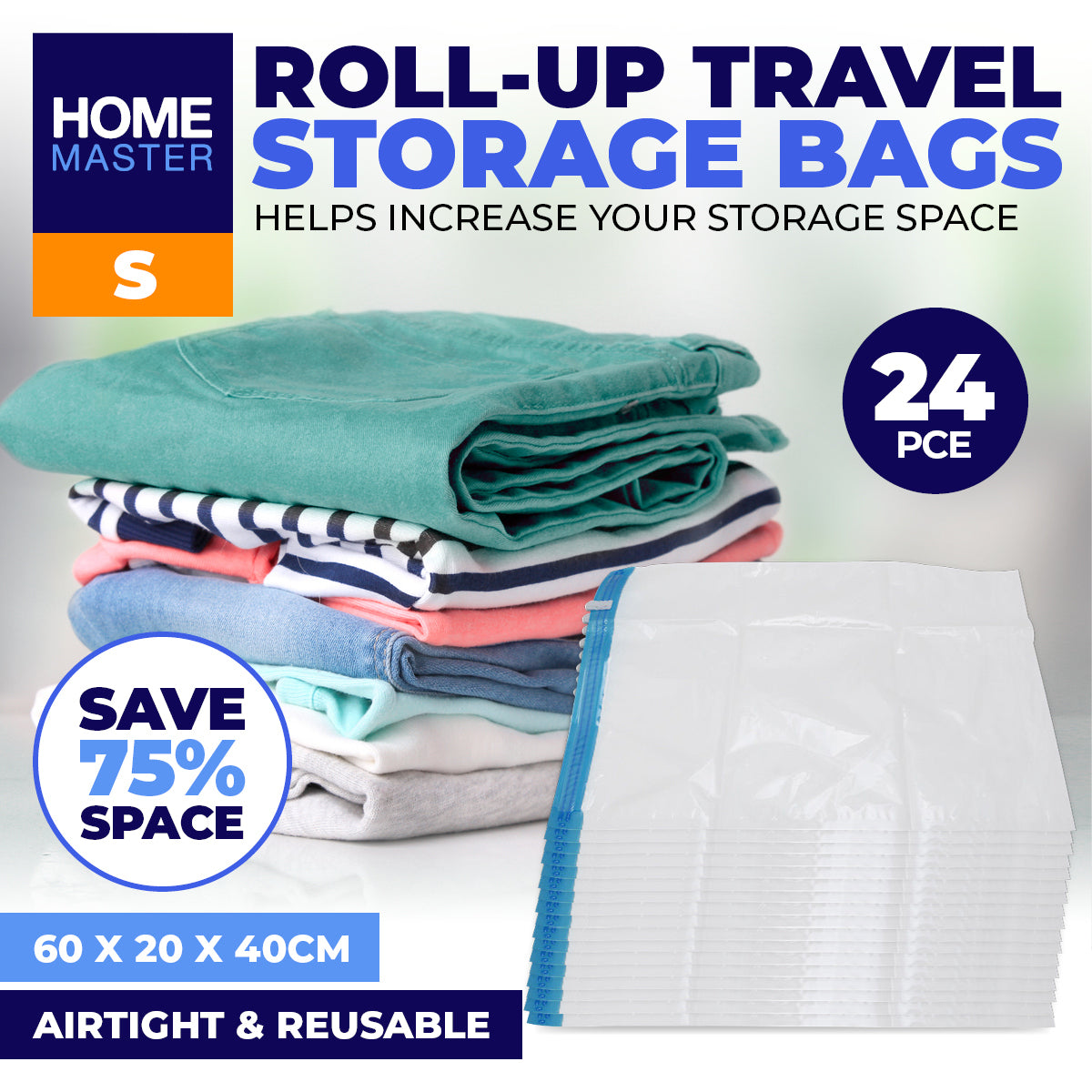 Home Master 24PCE Vacuum Storage Bags Small Re-Usable Space Saver 60 x 40cm