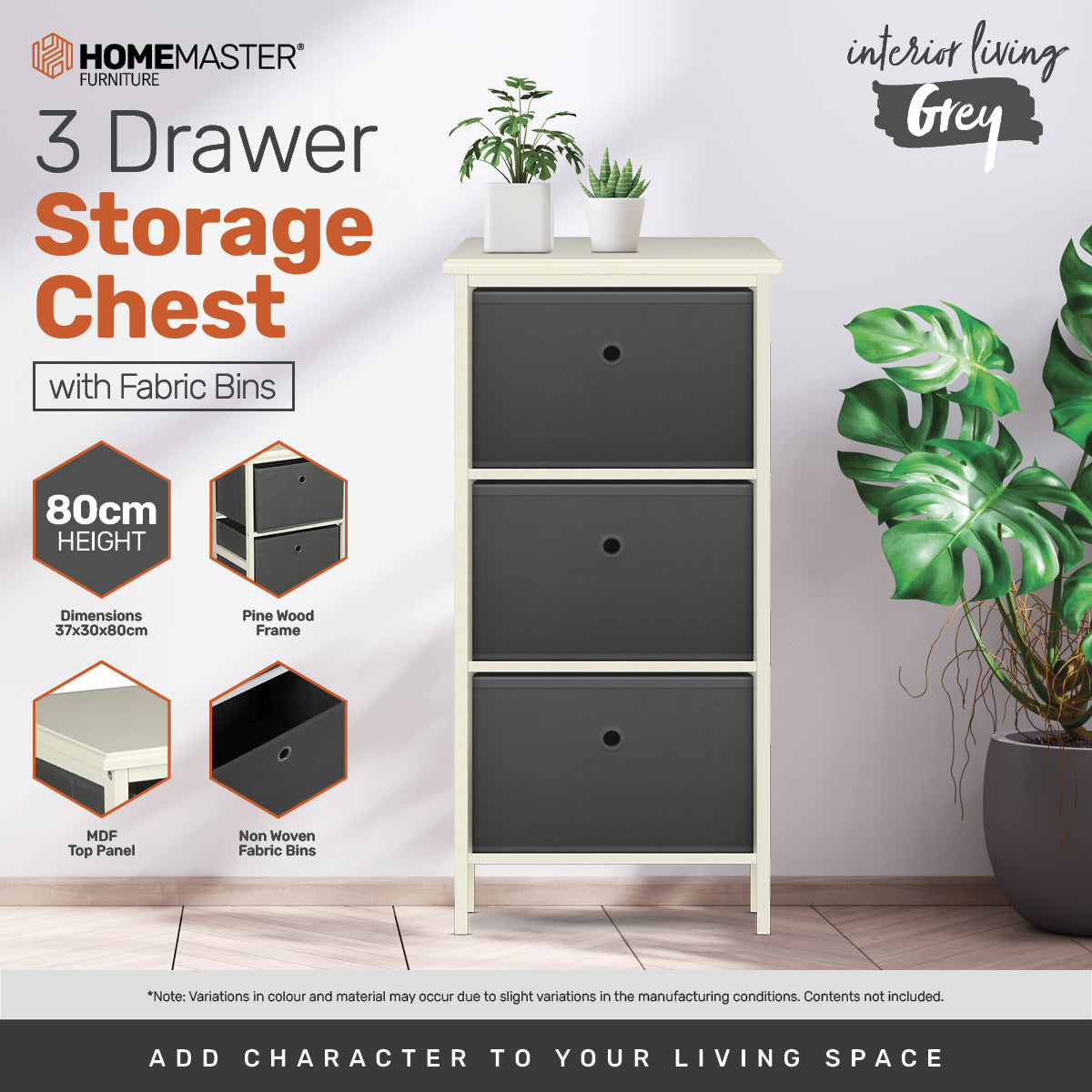 Home Master 3 Drawer Pine Wood Storage Chest Grey Fabric Baskets 37 x 80cm