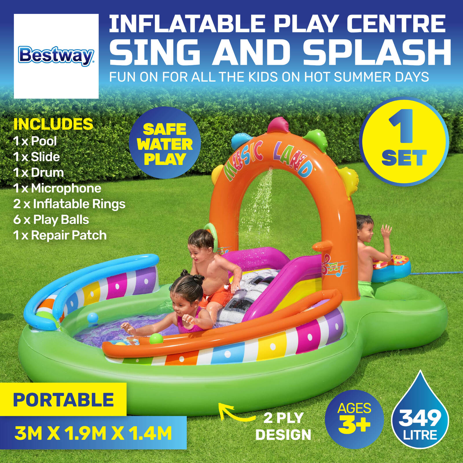 Bestway 3m x 1.9m Inflatable Sing & Splash Water Fun Park Pool & Slide 349L