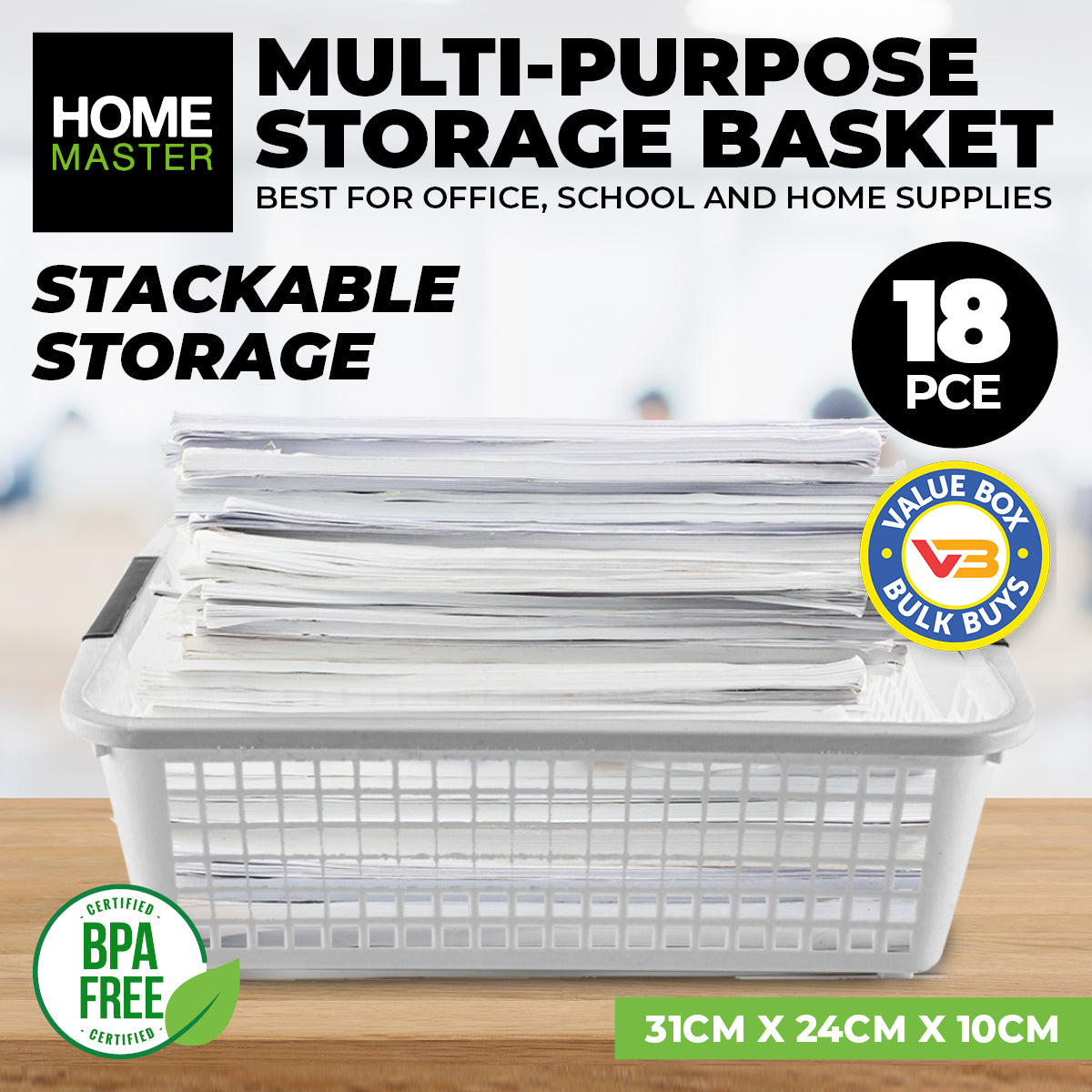 Home Master 18PCE Storage Baskets Handles Stackable Multi-Purpose Sturdy 31cm