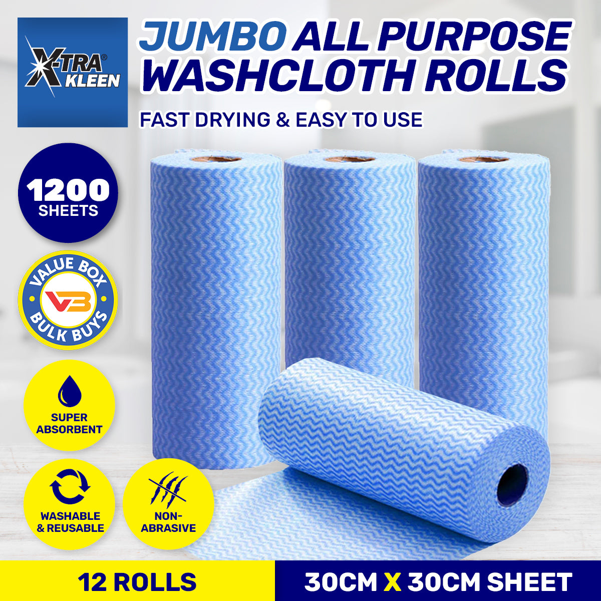 Xtra Kleen 1200PCE All Purpose Jumbo Washcloth Rolls Reusable 30 x 30cm