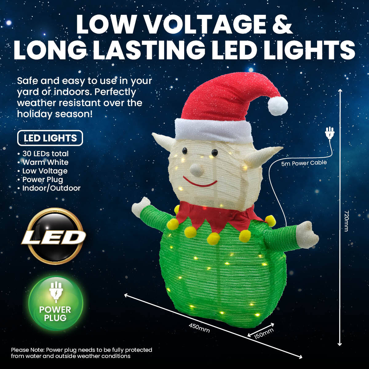 SAS Electrical 45 x 72cm 3D Elf Ornament Warm White LED Lighting