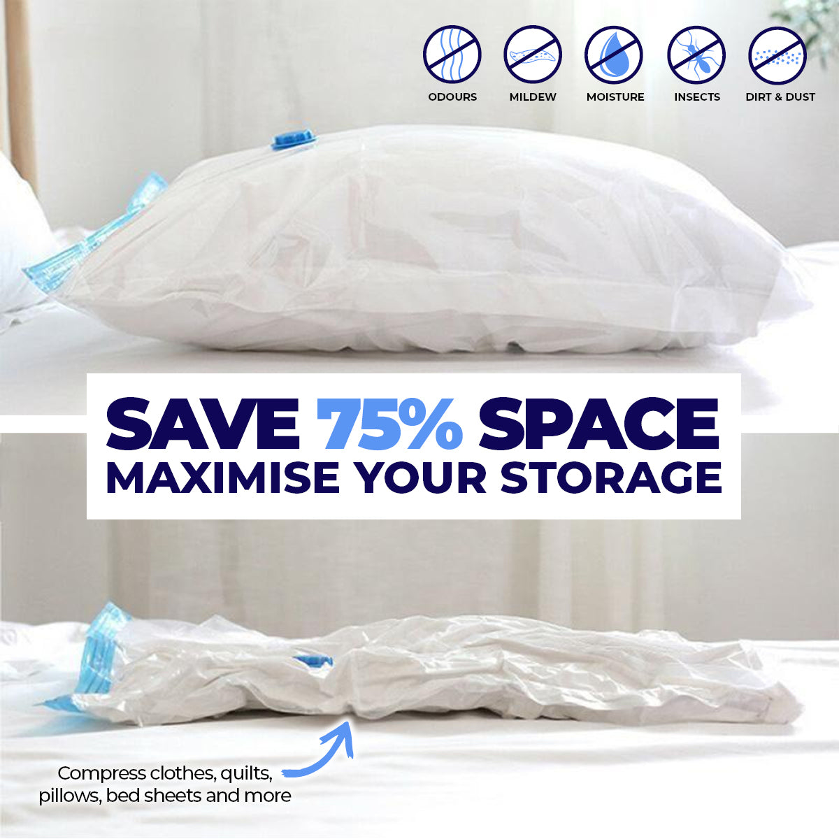 Home Master 24PCE Vacuum Storage Bags XXL Re-Usable Space Saver 80 x 145cm