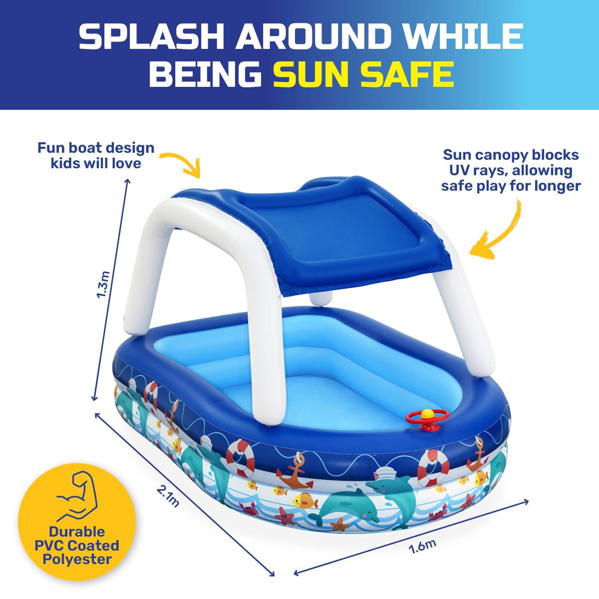 Bestway Inflatable Pool Removable Canopy Boat Design Ocean Themed 282L