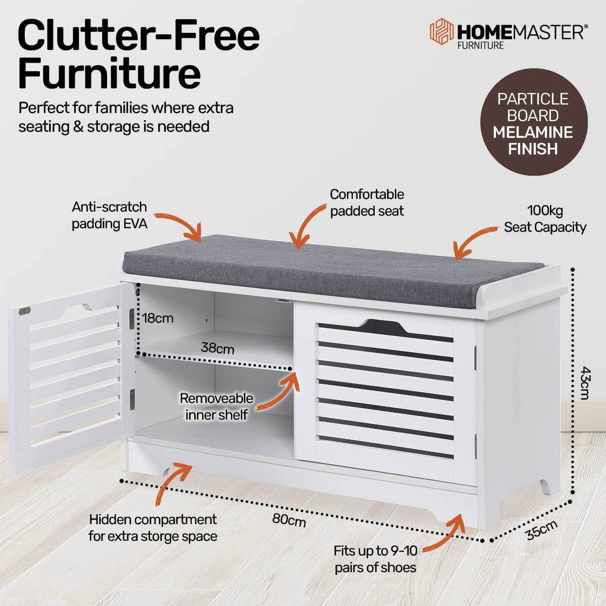 Home Master Storage/Shoe Cabinet With Removable Padded Cushion Seating 80cm