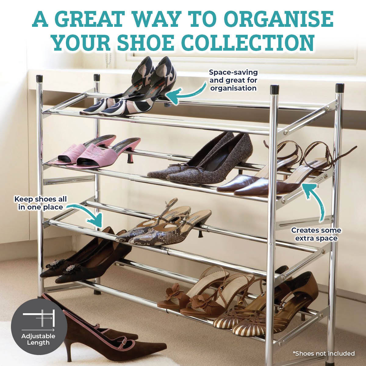 Home Master 4 Tier Shoe Rack Extendable Stainless Steel Structure 62cm-117cm