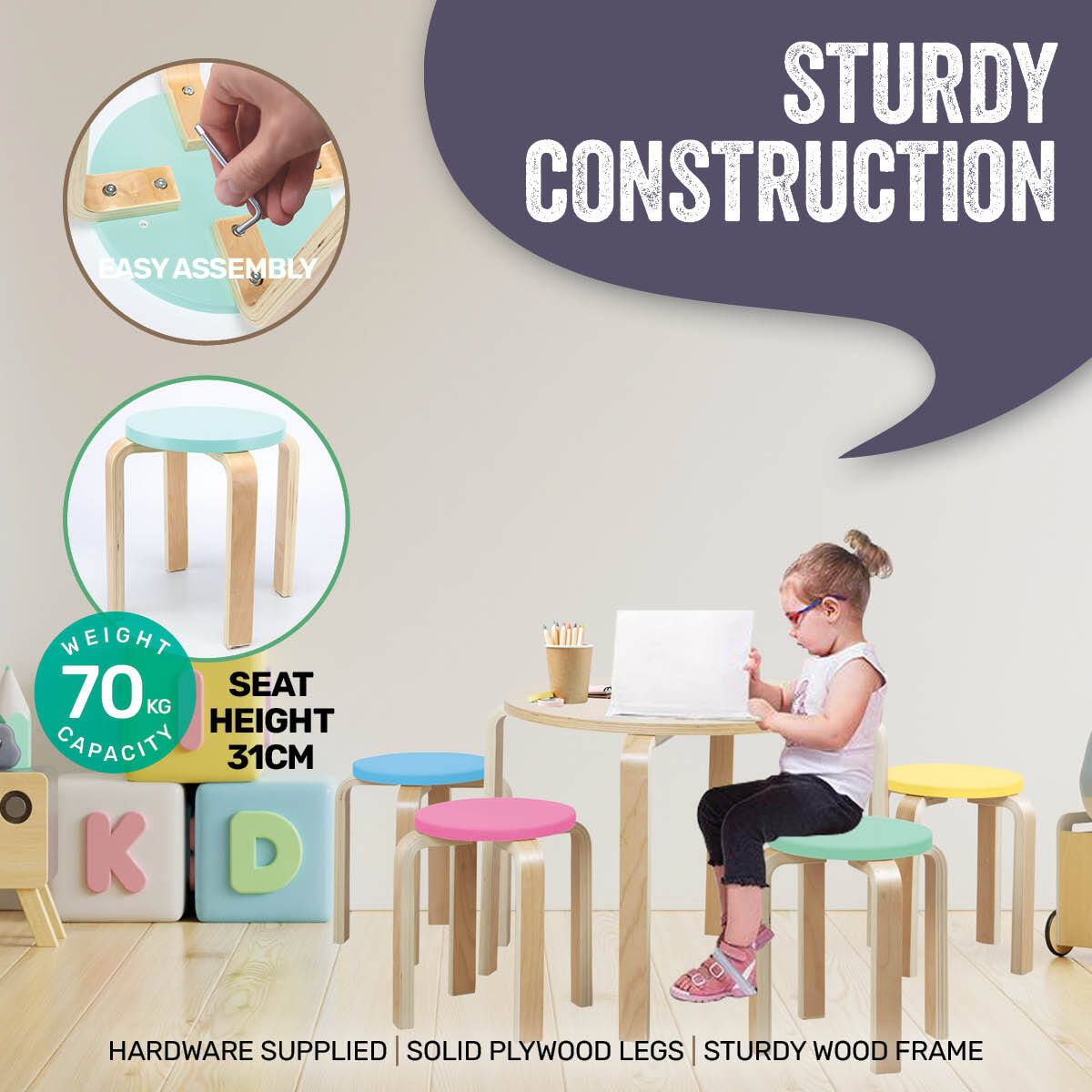 Home Master 5PCE Kids Wooden Table &amp; Coloured Stools Set Stackable Sturdy