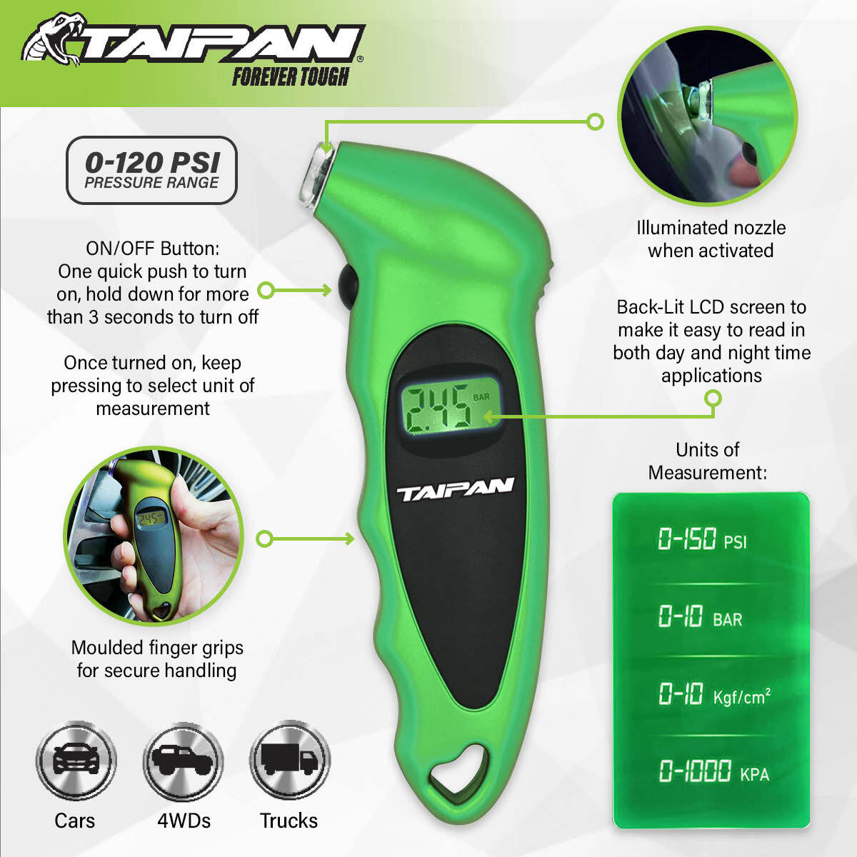 Taipan Portable Digital Tyre Pressure Gauge Multiple Functions LCD Screen